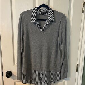 Adrianna Papell Gray V-Neck Sweater with Striped Accent